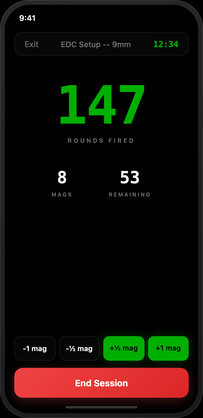 Gun Safe Range Mode on iPhone - showing 147 rounds fired with magazine controls